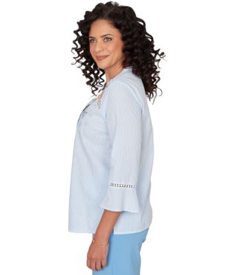 Petite Striped Floral Embroidered Button-Down Top