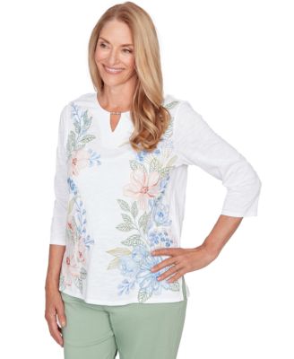 Petite Floral Embroidered Split Neck Top