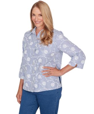 Petite Classics Puff Print Pinstripe Embroidered Collared Top