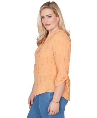 Petite Eyelash Gauze Textured Tie Sleeve Split Neck Top