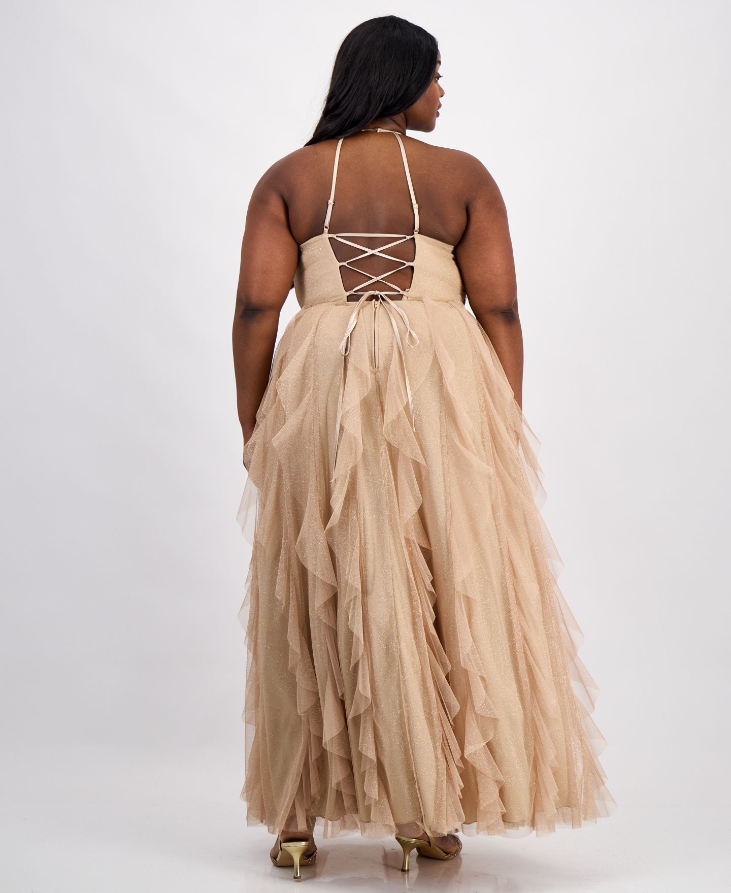 Женские платья pear culture Trendy Plus Size Glitter-Mesh Lace-Up-Back Gown, цвет: Золотой — фото 4