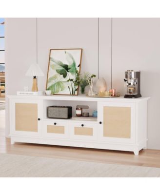 Rattan TV Stand, Boho Entertainment Center for 65 Inch TV, TV Console with 2 Cabinets & Adjustable Shelf