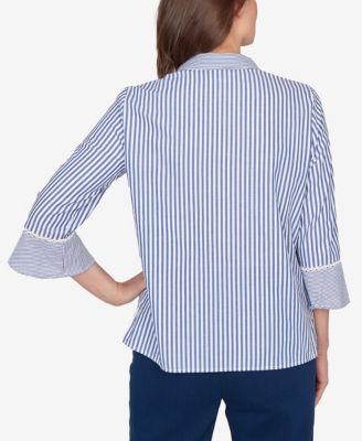 Petite Mykonos Mixed Stripe Button Front Lace Trim Top