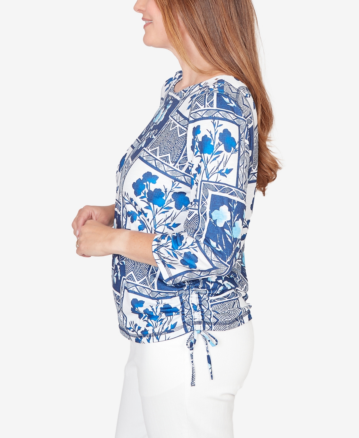 Alfred Dunner Petite Mykonos Framed Floral Ruched Side Tie Top