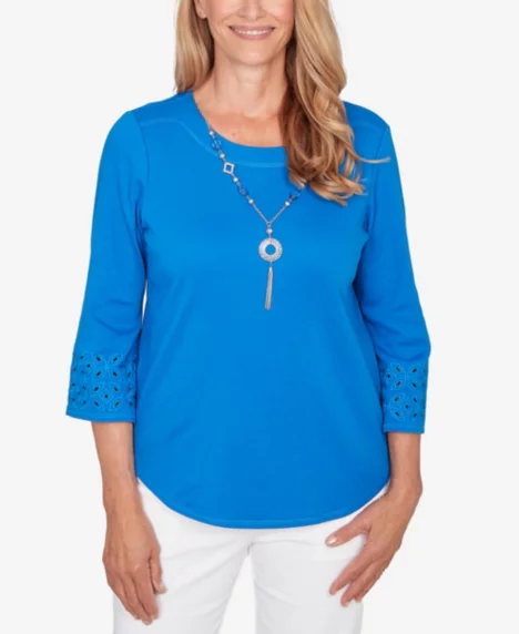 Petite Mykonos Eyelet Sleeve Solid Top with Necklace - Royal Blue