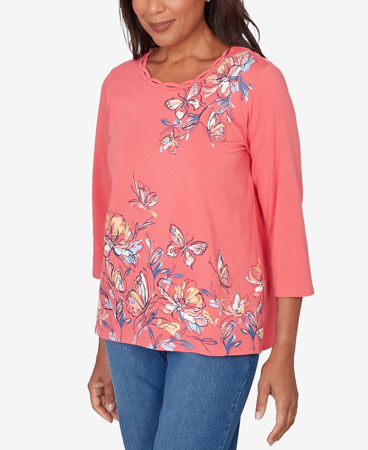 Alfred Dunner Petite Austin Asymmetric Etched Floral Knit Top
