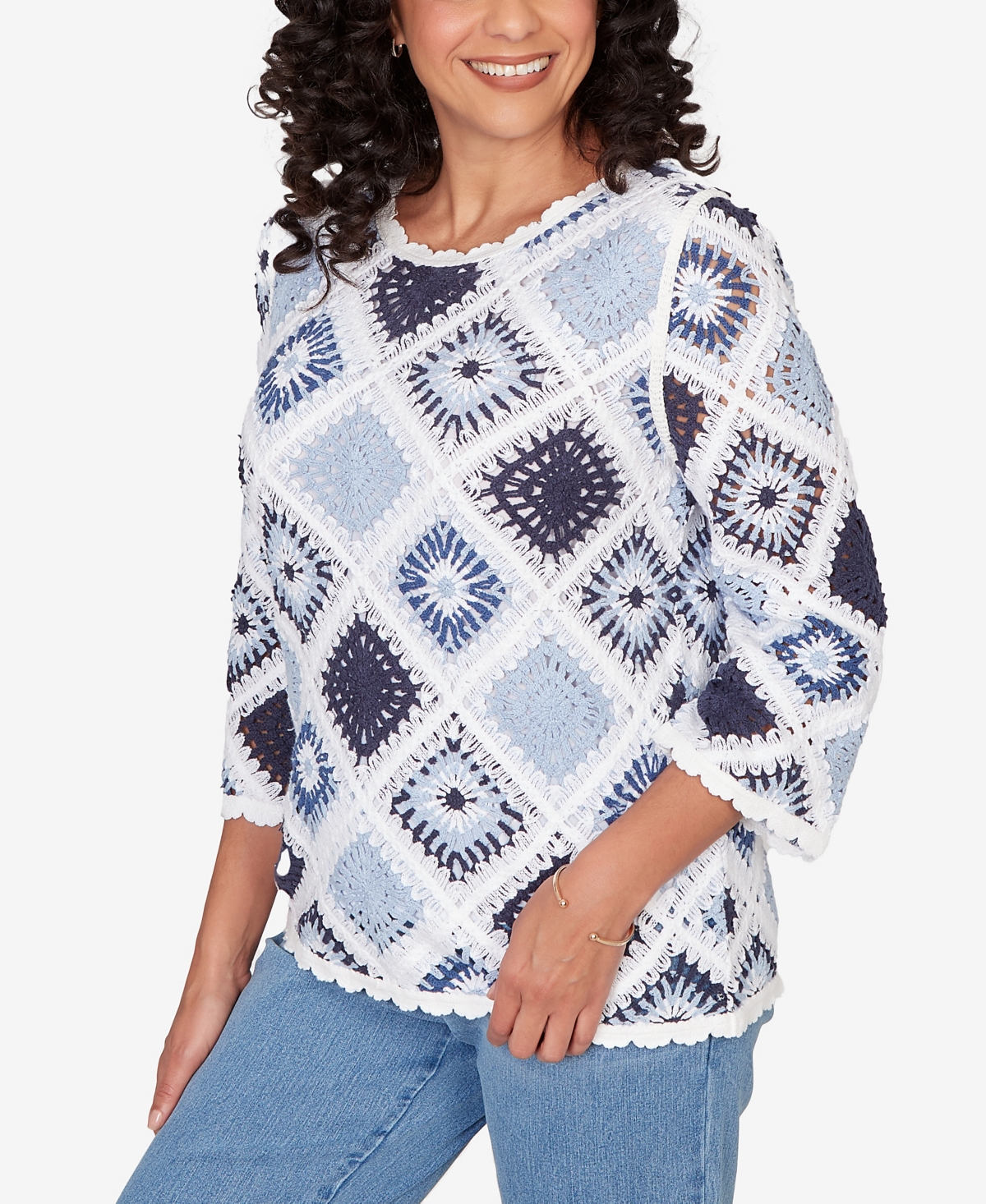 Alfred Dunner Petite Austin Diamond Crochet Sweater