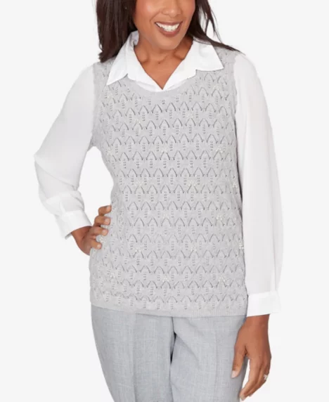 Petite Al Fresco Pointelle Mother of Pearl Lace Two In One Sweater - Mother of Pearl