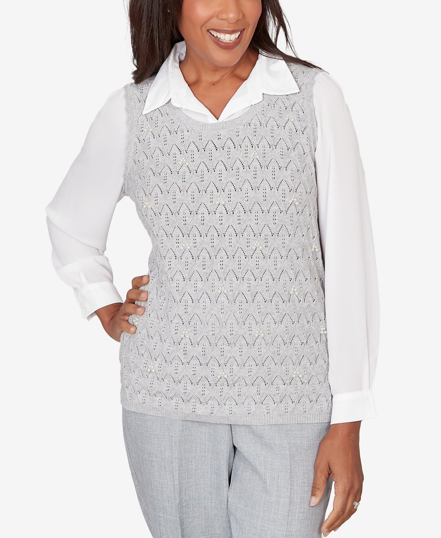 Petite Al Fresco Pointelle Mother of Pearl Lace Two In One Sweater