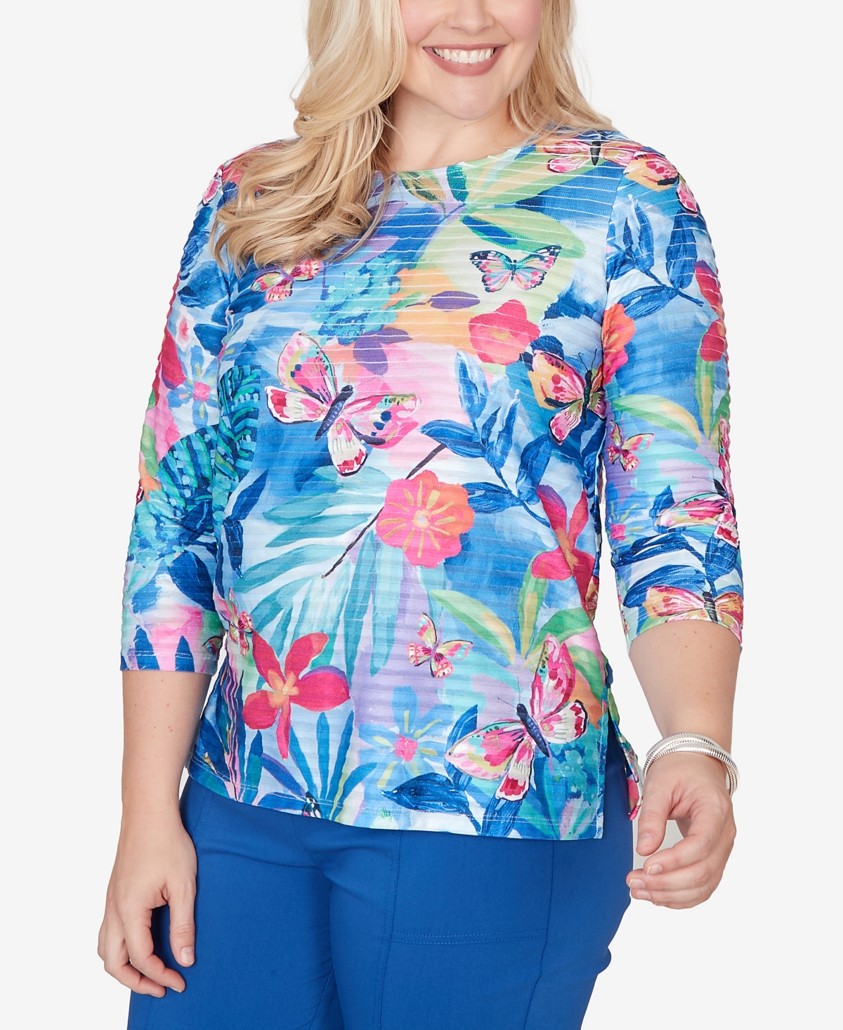 Alfred Dunner Petite The Royal Treatment Tropical Butterfly Ruffle Textured Top