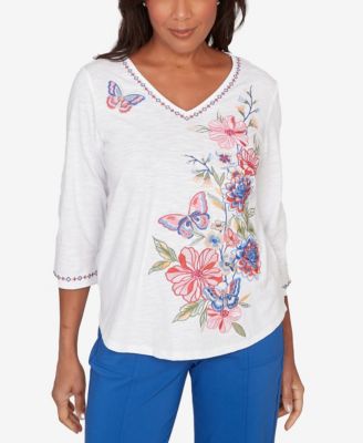 Petite The Royal Treatment Floral Butterfly Embroidered V-Neck Top