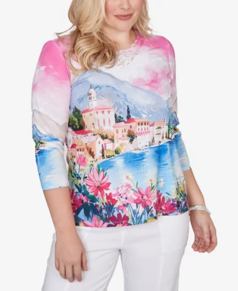 Petite The Royal Treatment Embellished Lake Como Scenic Top - Pink Multi