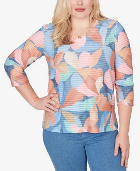 Petite Beachcomber Abstract Floral V-Neck Top - Blue Multi