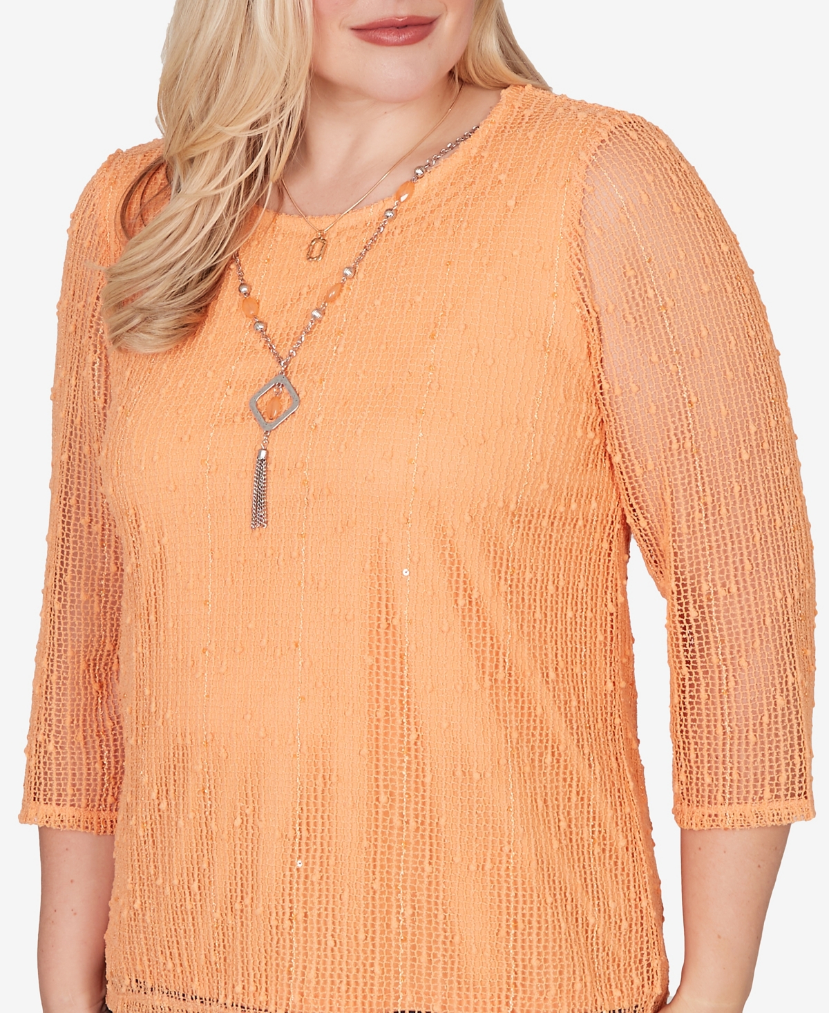Alfred Dunner Petite Beachcomber Bright Popcorn Mesh Top with Necklace