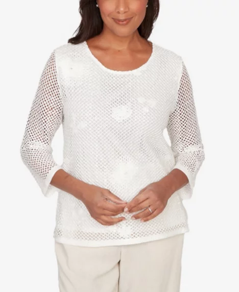 Petite Natural Wonder Sequin Mesh Flower Top - White