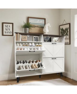 Farmhouse Shoe Storage Cabinet with 4 Flip Drawers and Open Storage -Freestanding Narrow Organizer for Entryway, Hallway, Living