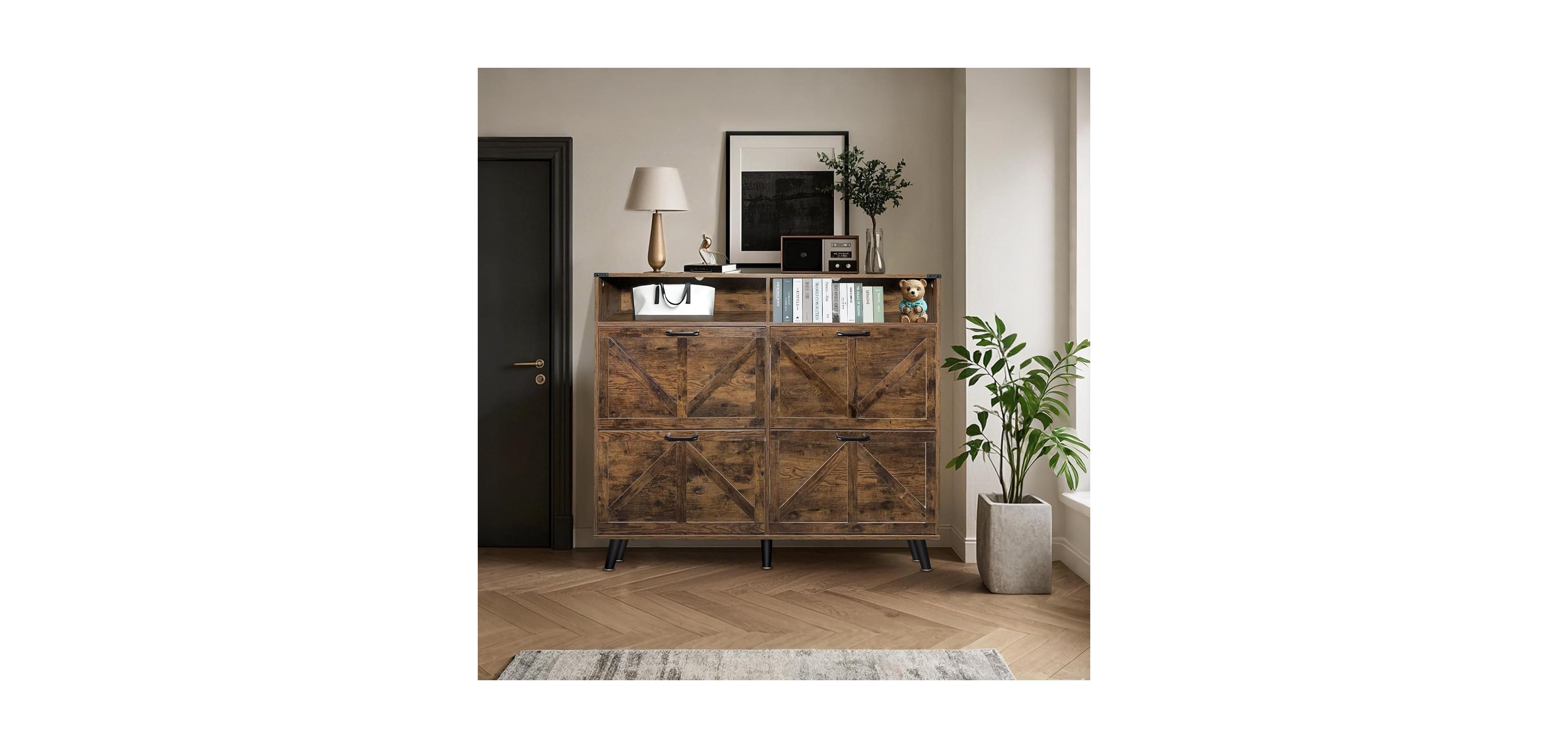 gaomon Farmhouse Shoe Storage Cabinet with 4 Flip Drawers and Open Storage -Freestanding Narrow Organizer for Entryway, Hallway, Living