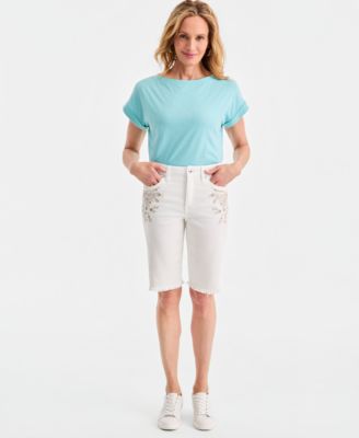 Women's Embroidered Mid-Rise Raw-Edge Bermuda Shorts