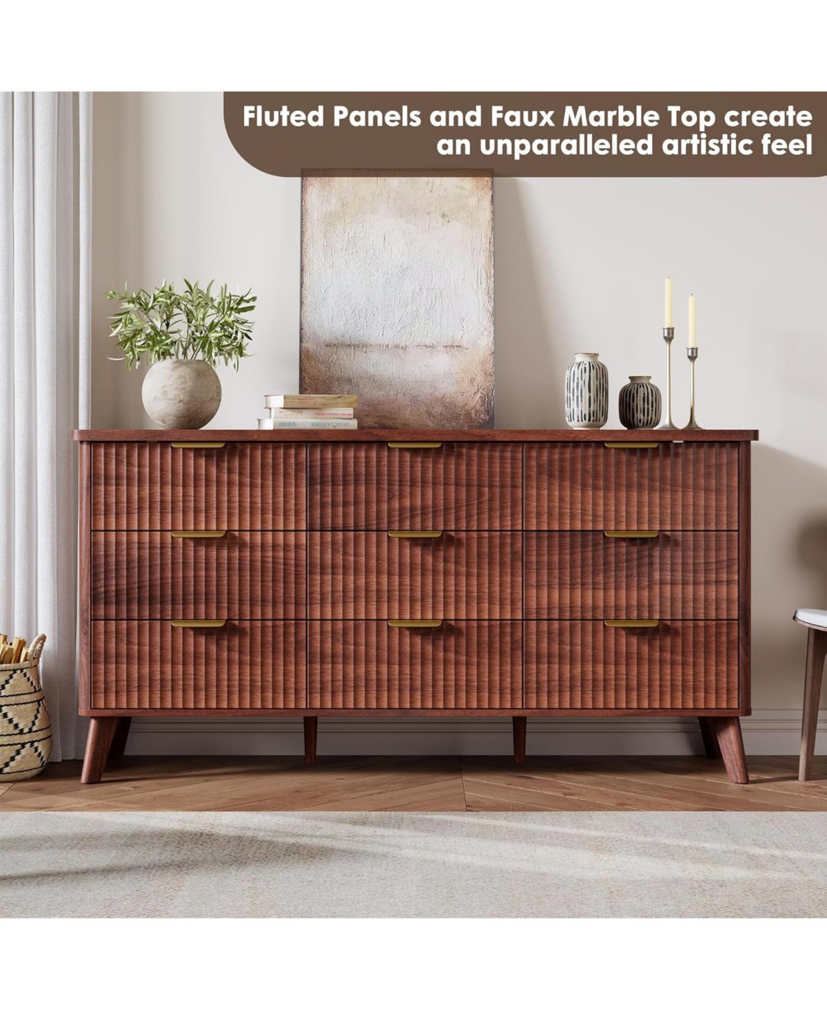 Gaomon Fluted Dresser for Bedroom with 9 Deep Drawers, 60.6 Wide Modern Chest of Wooden Tv Stand