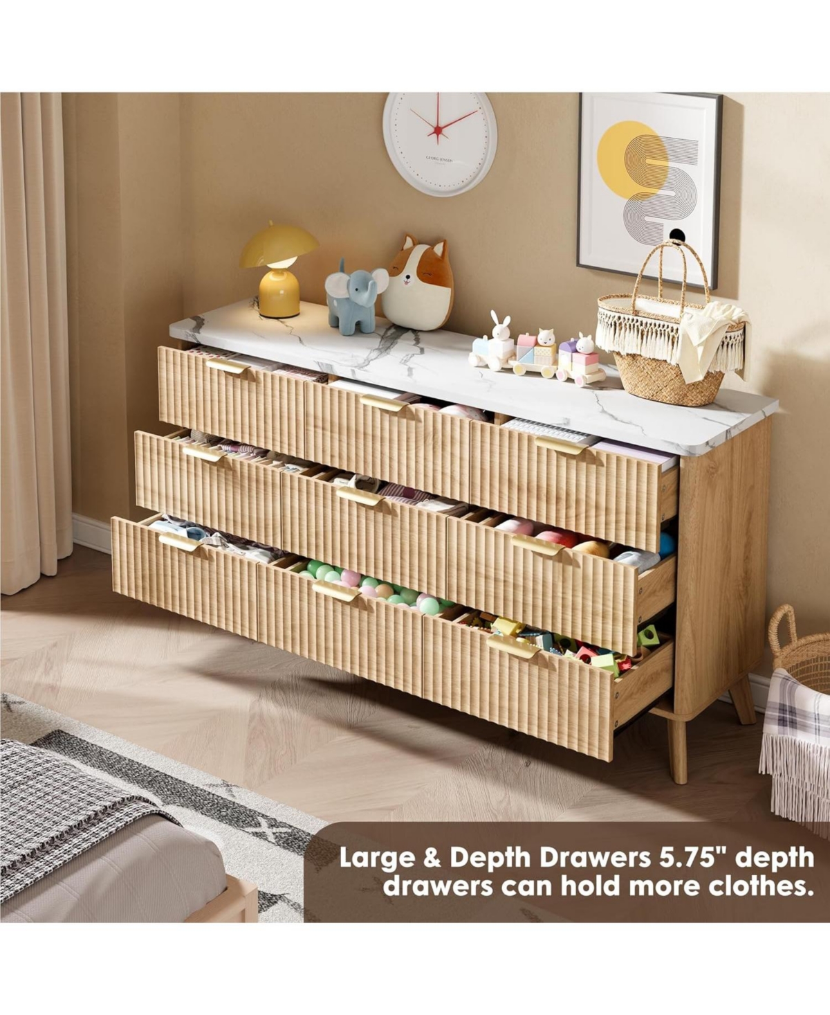 Gaomon Fluted Dresser for Bedroom with 9 Deep Drawers, 60.6 Wide Modern Chest of Wooden Tv Stand