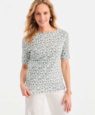 Women's Printed Boat-Neck Elbow-Sleeve Top
