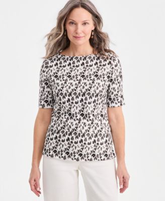 Women's Printed Boat-Neck Elbow-Sleeve Top