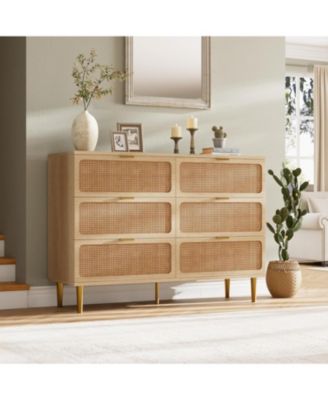 Rattan 6 Drawer Dresser for Bedroom, Long Double Chest with Deep Drawers and Wide Top for Living Room or Kids Room