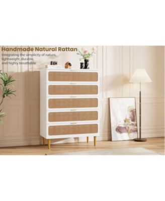 Rattan 5-Drawer Tall Dresser, Large Storage Chest with Deep Drawers and Wide Top for Bedroom, Closet or Hallway