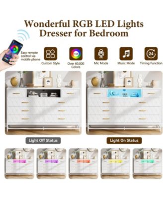 8 Drawer Dresser for Bedroom, Pink Dresser with Led Light, 55 Inch Tv Stand Dressers with Power Outlet