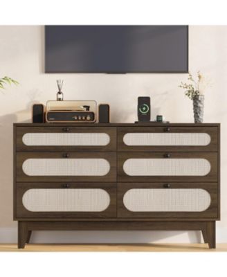 Coffee Brown Rattan 6-Drawer Dresser, Oak Storage Cabinet for Bedroom, Entryway, Closet & Living Room