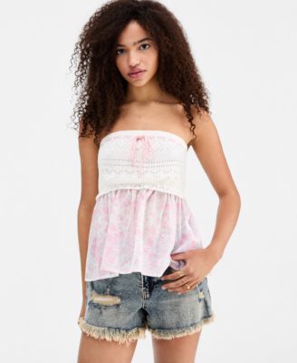 Juniors' Strapless Crochet Sweater Peplum Top