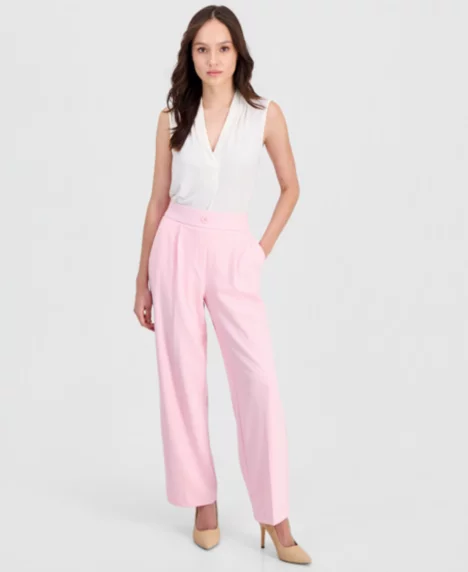 Petite Pleated Faux-Fly Pull-On Pants - Peony Pink