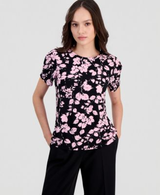 Petite Floral-Print Gathered-Sleeve Top