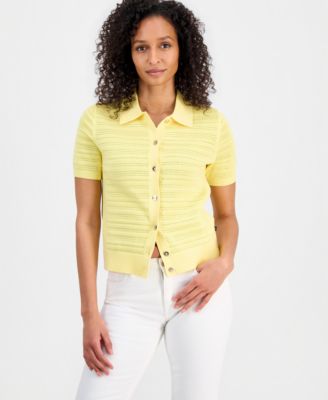 Women's Pointelle Knit Cardigan Polo Sweater