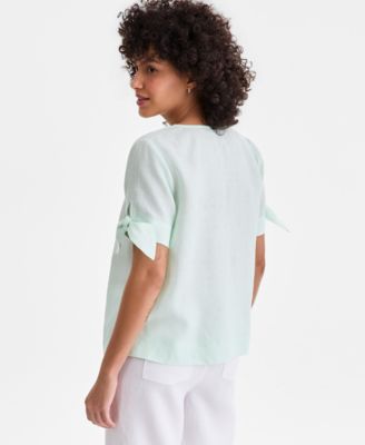Women's 100% Linen Split-Neck Tie-Cuff Top