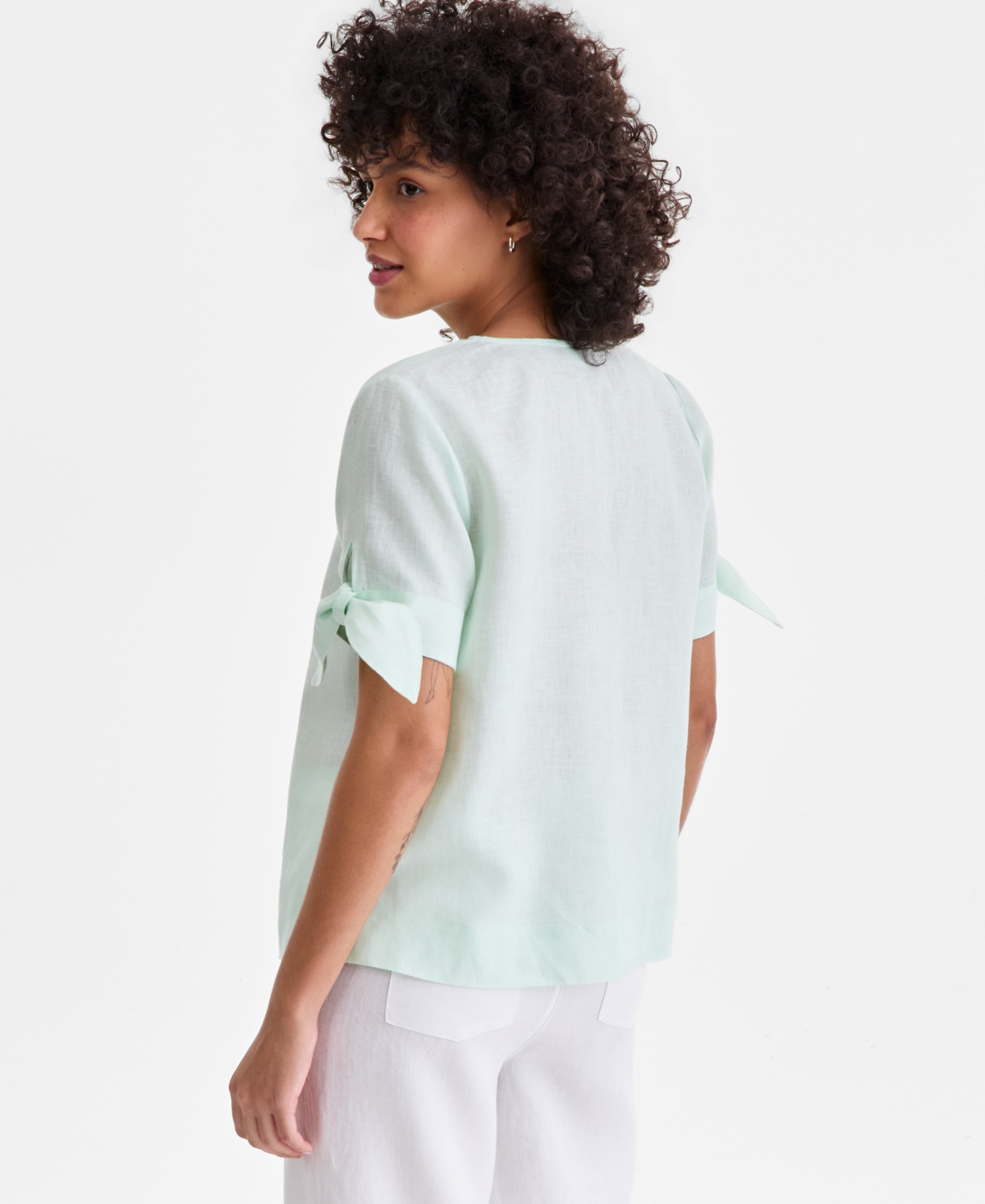 Charter Club Women's 100% Linen Split-Neck Tie-Cuff Top, Created for Macy's