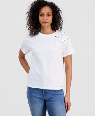 Women's Cotton Solid Embroidered T-Shirt
