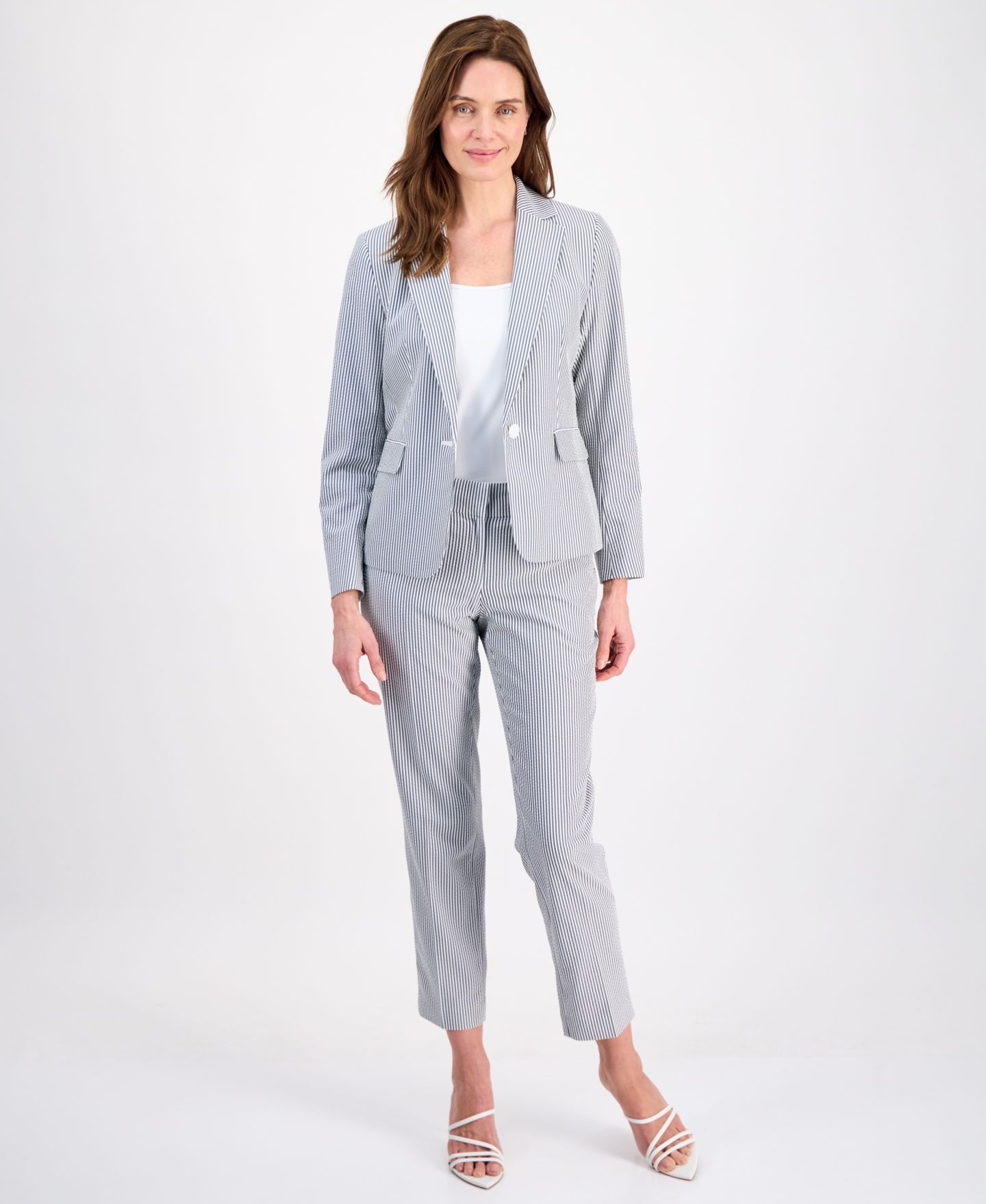 Женские комплекты Le Suit Long-Sleeve Seersucker 2 Piece Pantsuit, цвет: Midnightnvy/Natwhite — фото 2