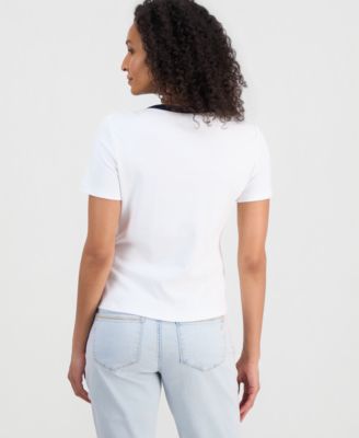 Women's Cotton Cardigan-Look Short-Sleeve Knit Top