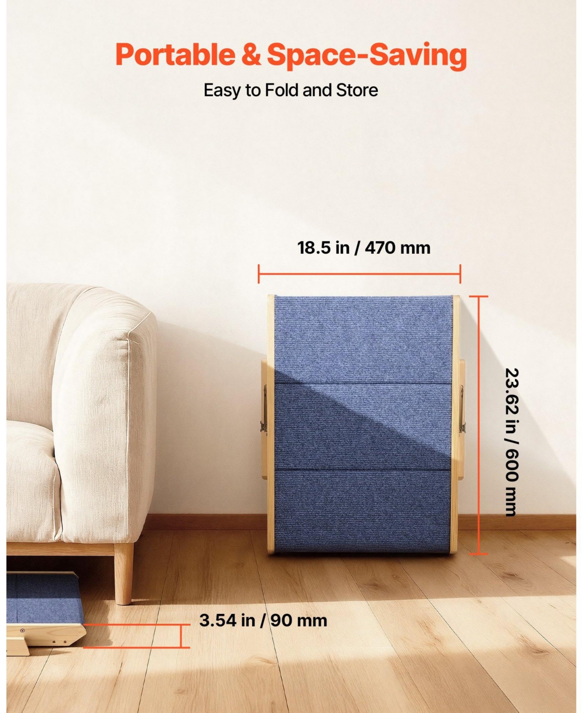 Cozito 3-Step Wooden Pet Stairs for Bed, Sofa, or Car, Foldable Flat Design, 150 lb Capacity