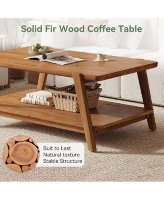 47-Inch Solid Wood Coffee Table, 2-Tier Farmhouse Rectangular Accent Center Cocktail Tea Table with Storage, Rustic Brown