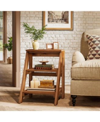 Solid Wood End Table, 3-Tier Farmhouse Side Table with Open Storage Shelves, Rustic Nightstand for Living Room, Brown