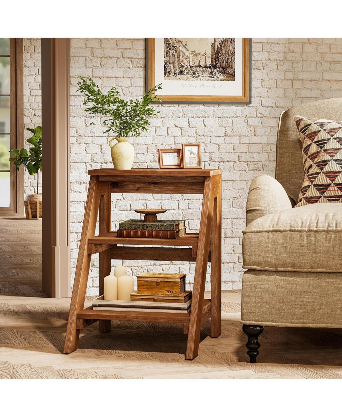 Tribesigns Solid Wood End Table, 3-Tier Farmhouse Side Table with Open Storage Shelves, Rustic Nightstand for Living Room, Brown