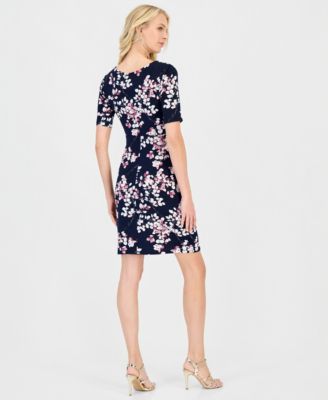 Petite Floral Faux-Wrap Elbow-Sleeve Dress