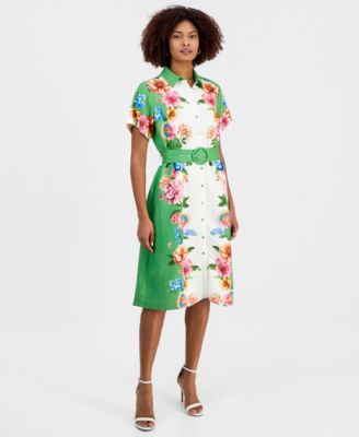 Women's Printed Belted Button-Front Midi Dress