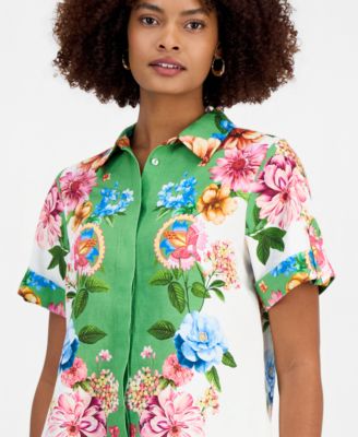 Women's Collared Short-Sleeve Floral Blouse