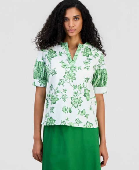 Женский топ T Tahari Split-Neck Puffed-Sleeve, цвет: Зелёный
