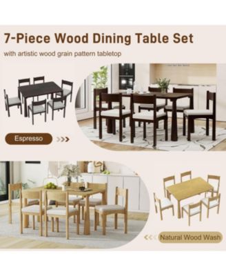 Retro 7-Piece Dining Set for 6 with Upholstered Chairs (Natural Wood