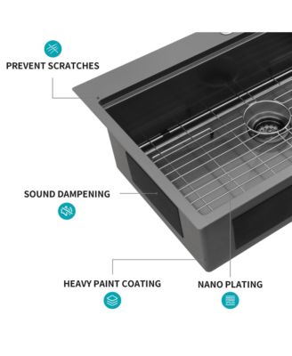 33x22x9inch Gunmetal Black Kitchen Sink Drop In Workstation Stainless Steel 16 Gauge