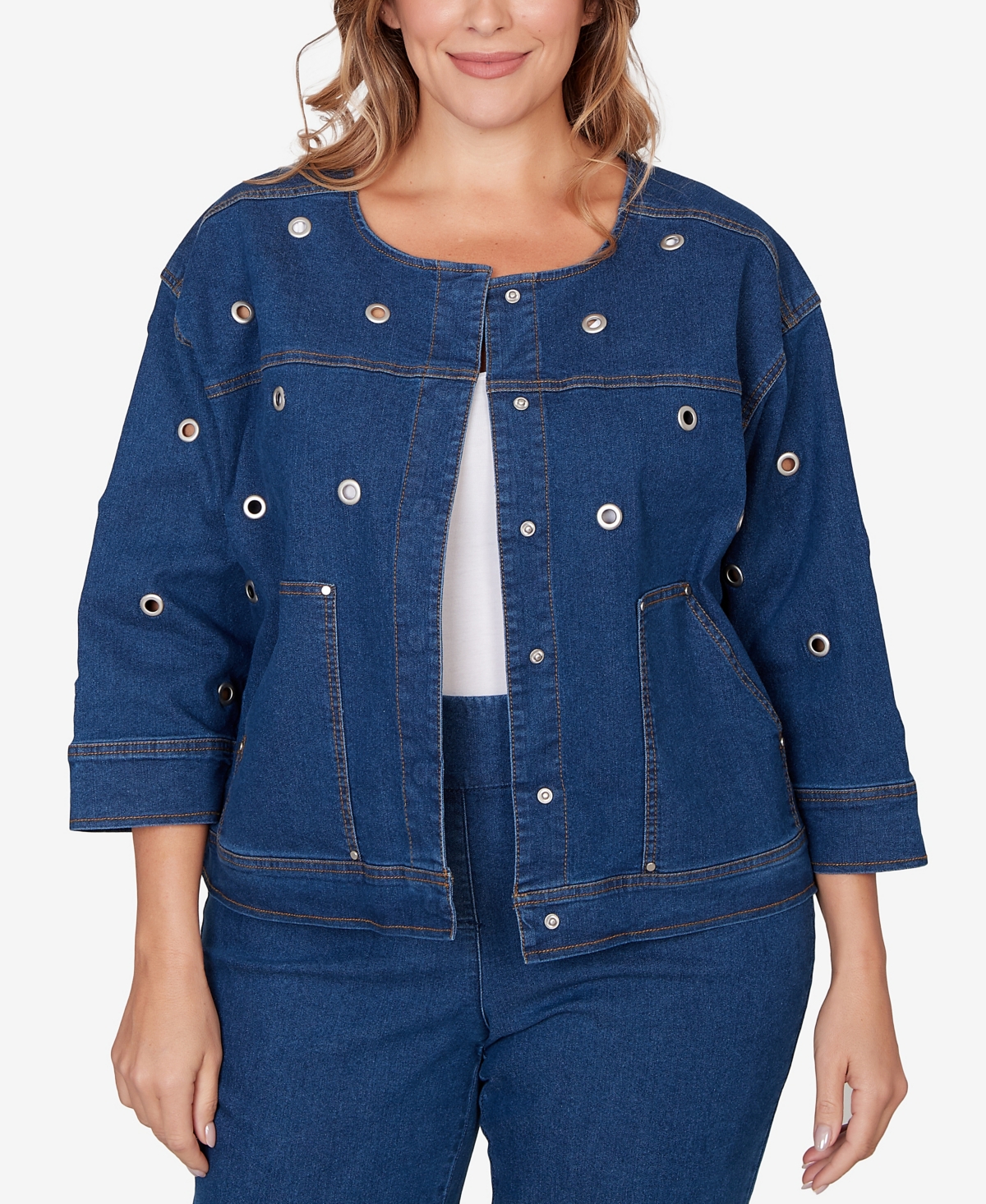 Ruby Rd. Plus Size Grommet Detail Stretch Denim Jacket In Blue